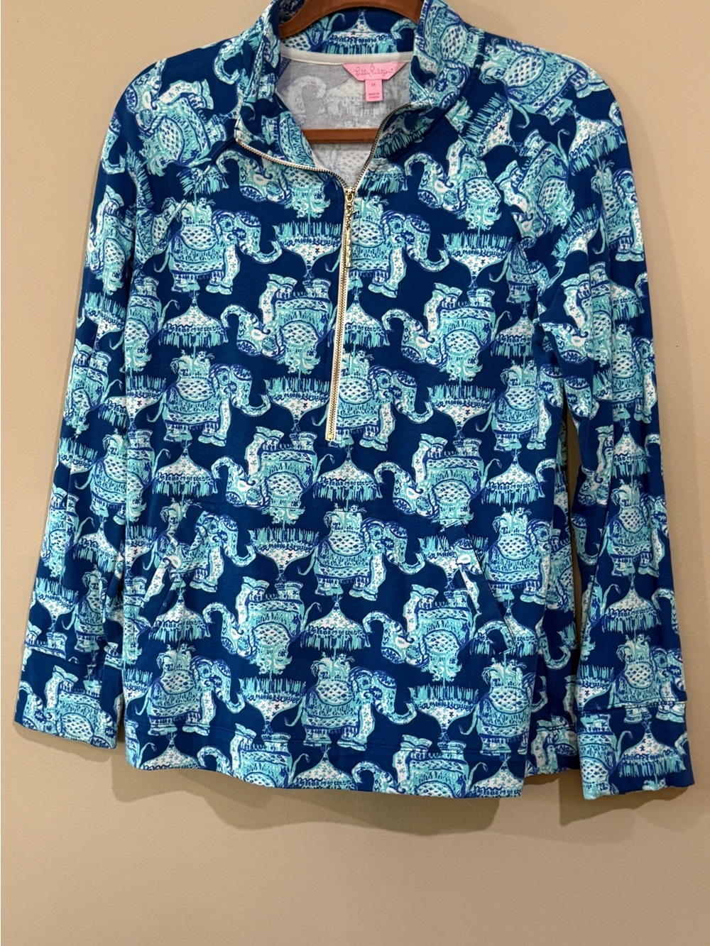 Lilly Pulitzer Navy, Aqua & Teal Elephant Print Half-Zip Pullover